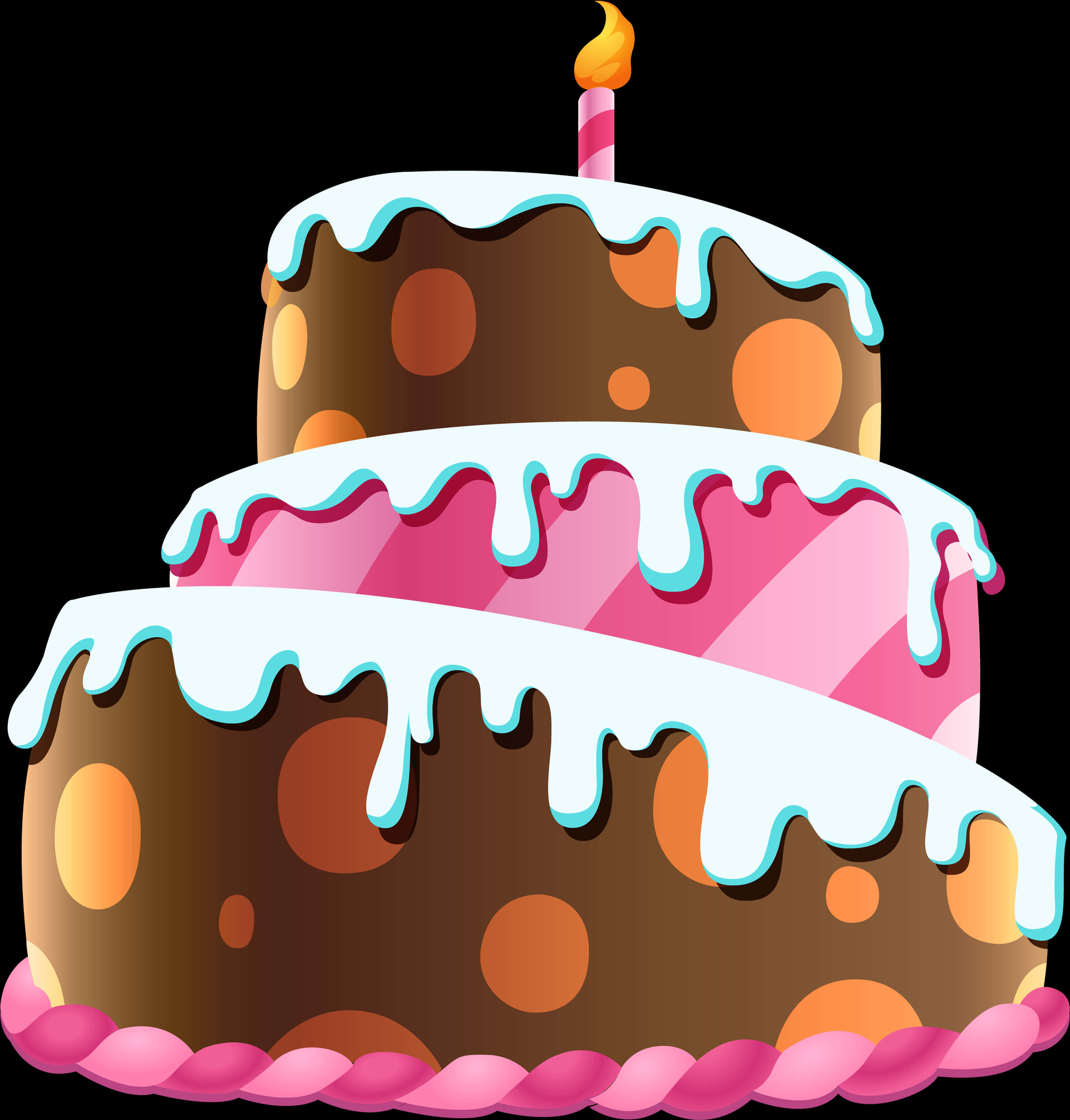 Colorful Birthday Cake Illustration 壁紙 — 一個充滿活力的三層生日蛋糕，有朱古力和粉紅色層，滴著白色糖霜，頂部有一根點燃的蠟燭。