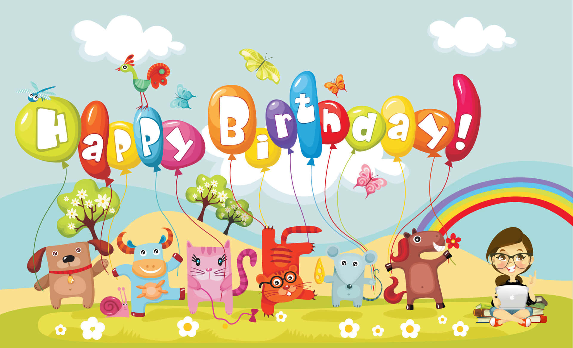  壁紙 — 色彩繽紛的卡通動物和一個孩子在彩虹下用氣球拼出「Happy Birthday」慶祝。