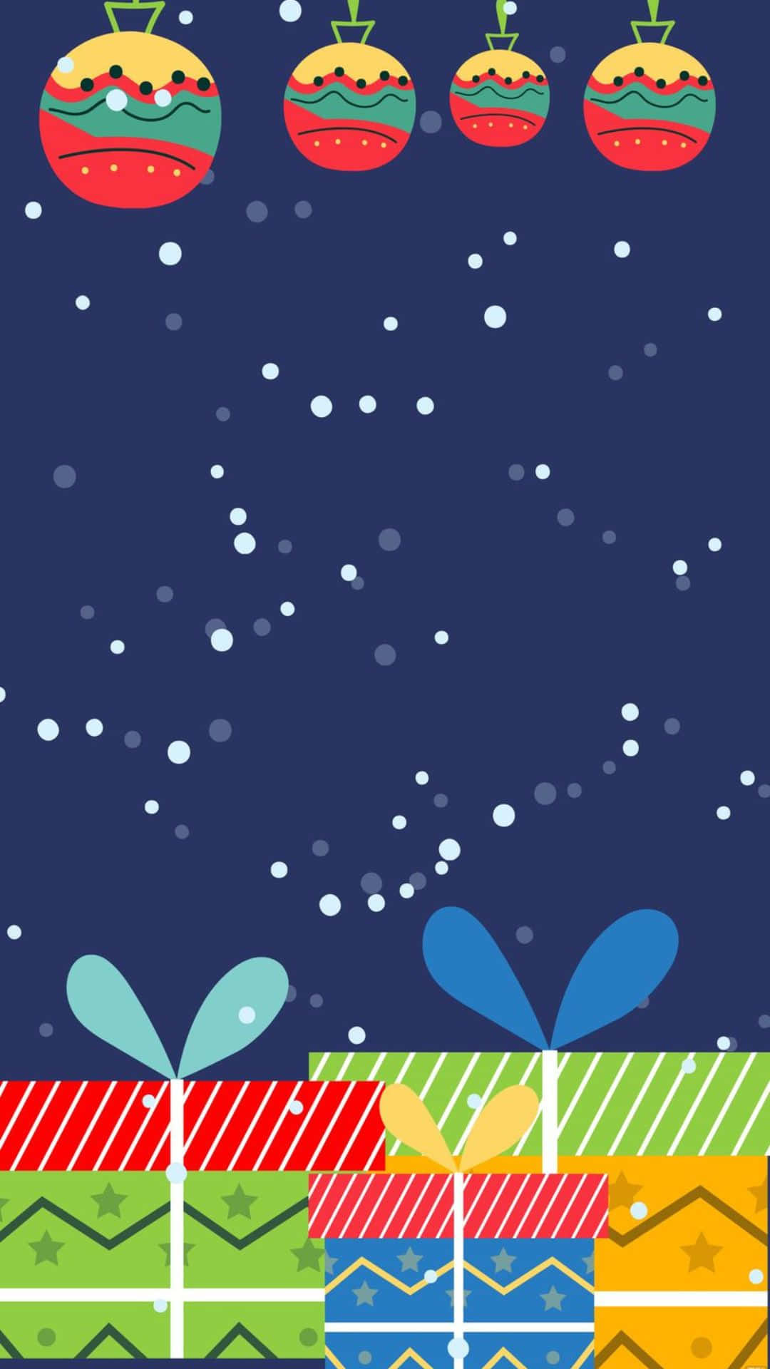 壁紙 — 色彩繽紛的卡通裝飾懸掛在節日包裝禮物上方，雪花飄落，背景是深藍色的夜空。