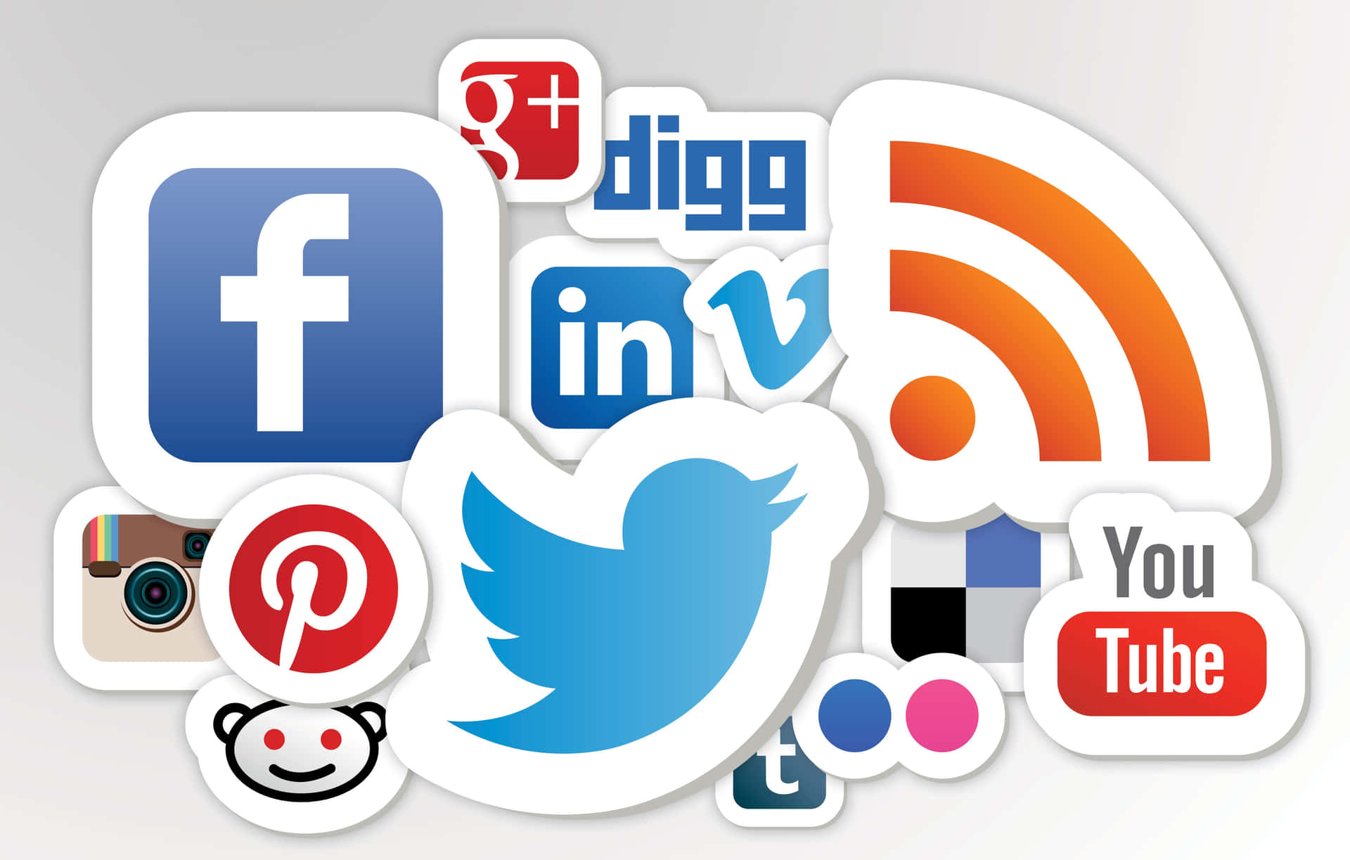 社交媒體圖標集合，包括 Facebook、Twitter、YouTube 和 Instagram。