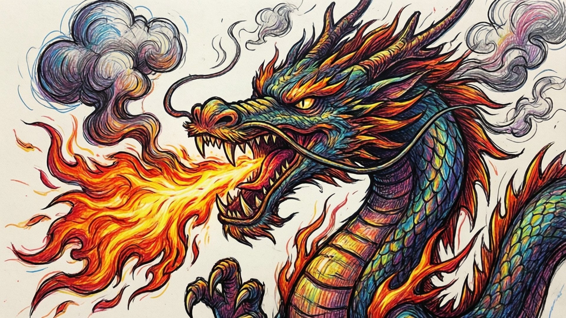 一條色彩繽紛的龍在噴火，周圍有煙霧。