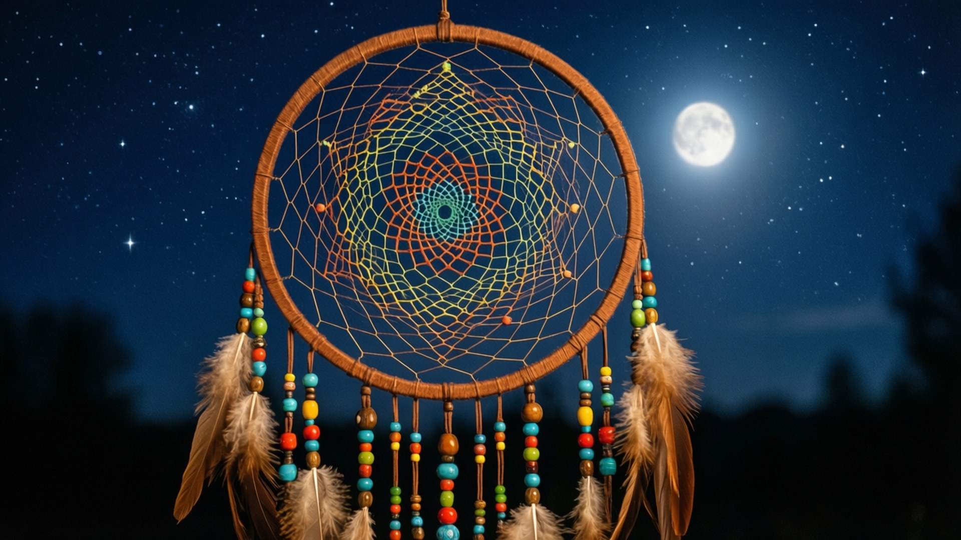 Boho Dreamcatcher Night Sky 壁紙 — 一個色彩繽紛、帶有珠飾流蘇的捕夢網掛在滿天星斗的夜空下，襯著一輪明亮的滿月。