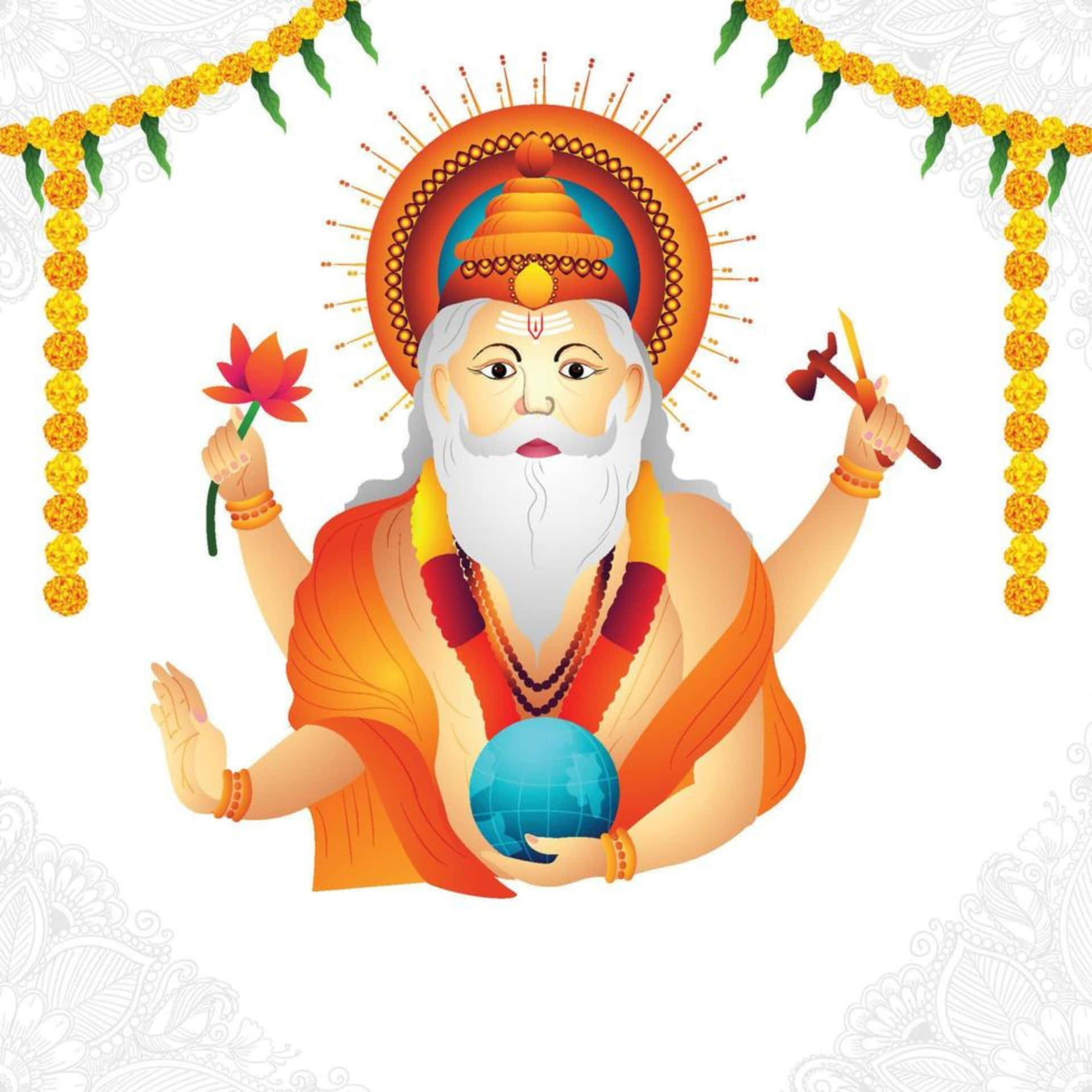  壁紙 — 色彩繽紛的插畫印度教神祇，白鬍子，手持蓮花和狼牙棒，身穿橙色長袍，頭頂光環，周圍環繞著黃色萬壽菊花環。