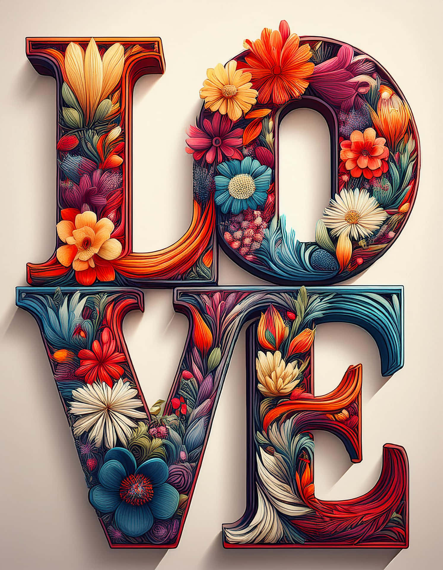 米色背景上，3D字母「LOVE」充滿了色彩繽紛的花朵和樹葉。