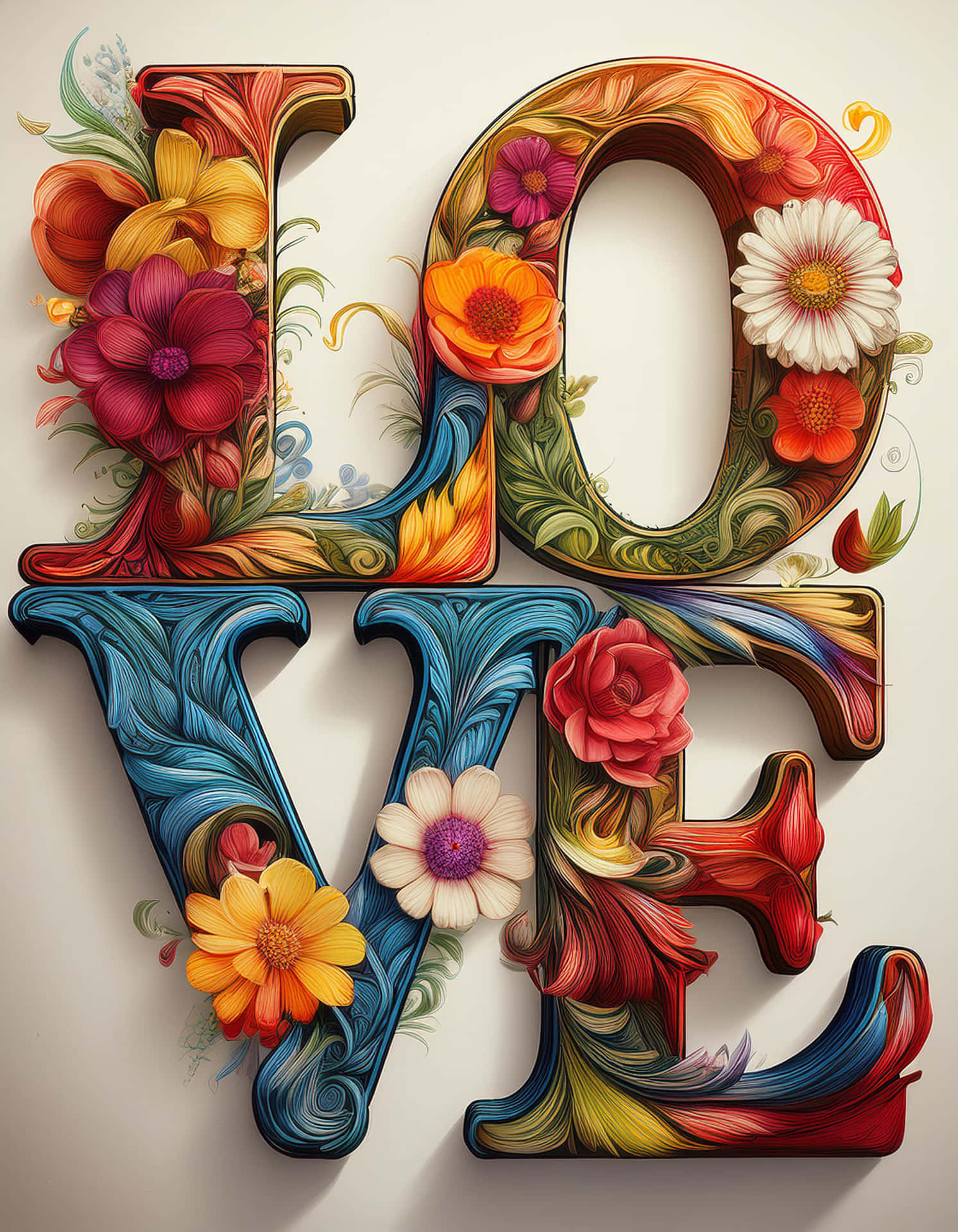 以彩色花朵和旋轉樹葉裝飾的3D字母「LOVE」。