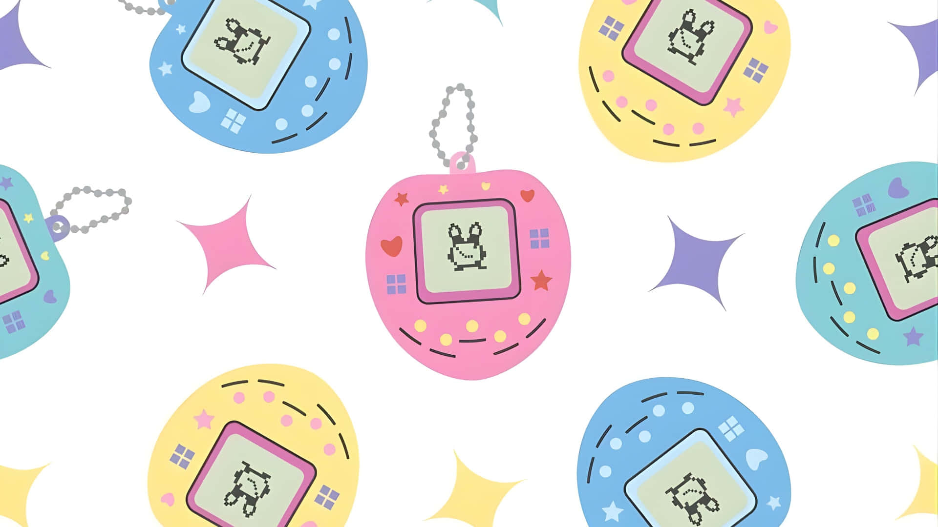  壁紙 — 色彩繽紛的像素化Tamagotchi裝置，帶有可愛的兔仔寵物，漂浮在白色背景上的閃爍星星之間。