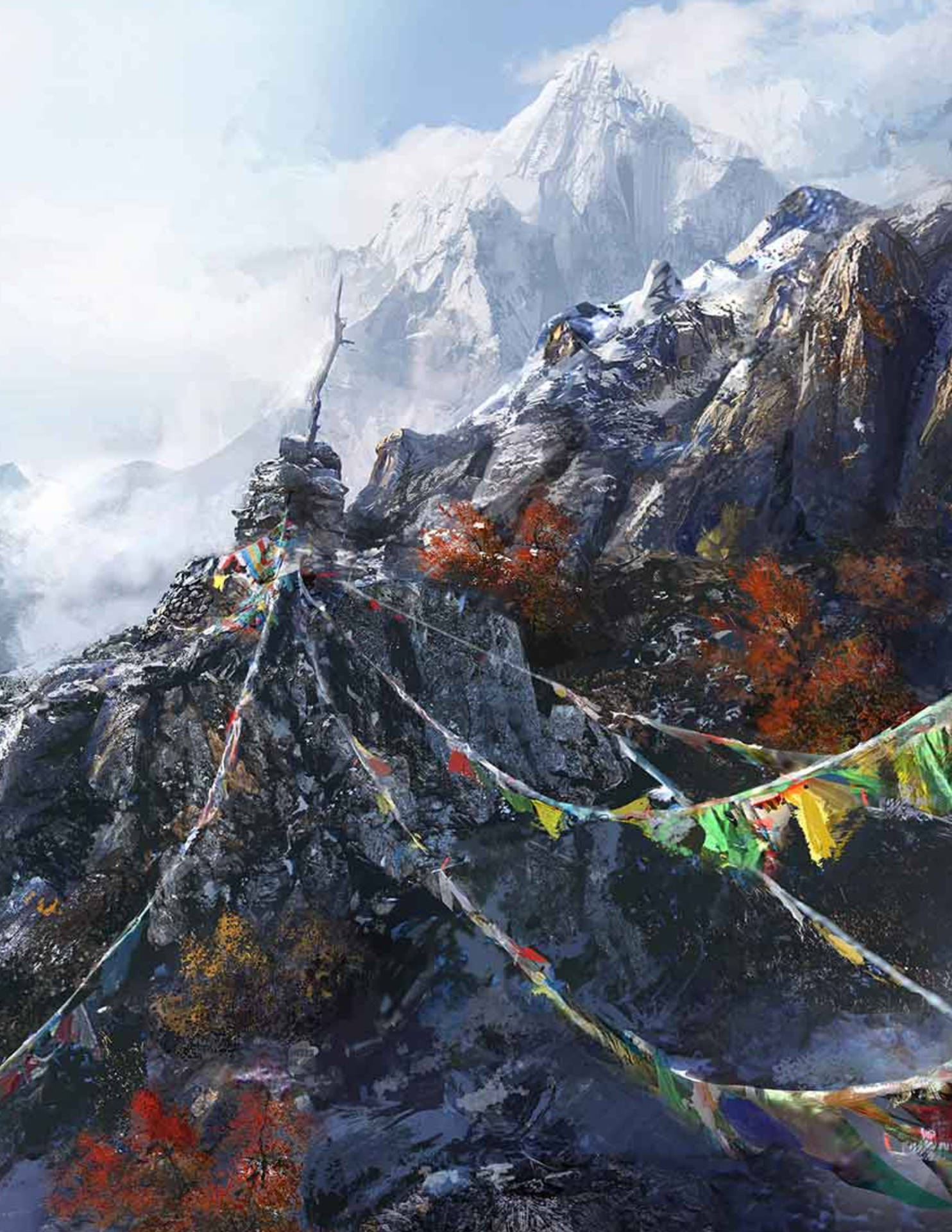 經幡在山頂上，背景有白雪覆蓋的山峰和秋天的樹木。