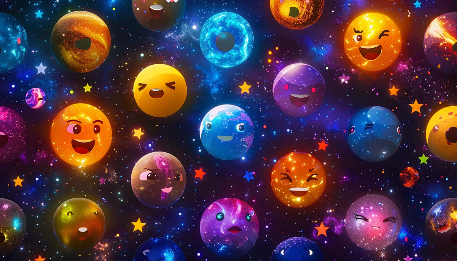 Galaxy Emojis 桌布 壁紙 — 色彩繽紛、面帶笑容的行星帶著豐富表情，在閃爍的星星間愉快漂浮，構成充滿活力的宇宙場景。