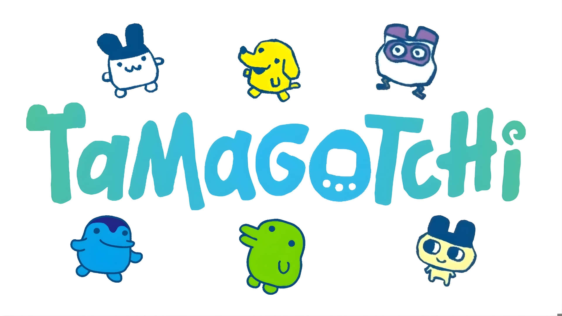  壁紙 — 色彩繽紛的Tamagotchi角色在潔白背景上圍繞著標誌性標誌漂浮。