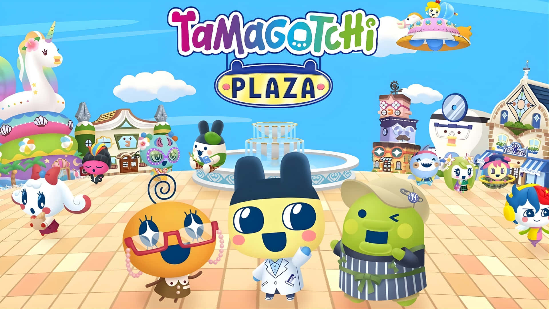  壁紙 — 色彩繽紛的Tamagotchi角色聚集在一個充滿糖果主題建築和明亮藍天的奇幻廣場上。