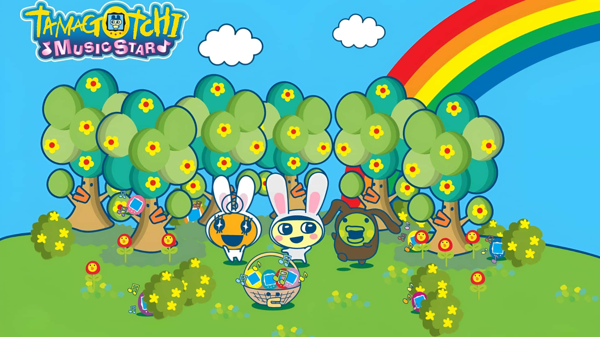  壁紙 — 色彩繽紛的Tamagotchi角色聚集在盛開的樹下，一道鮮豔的彩虹橫跨明亮的藍天。