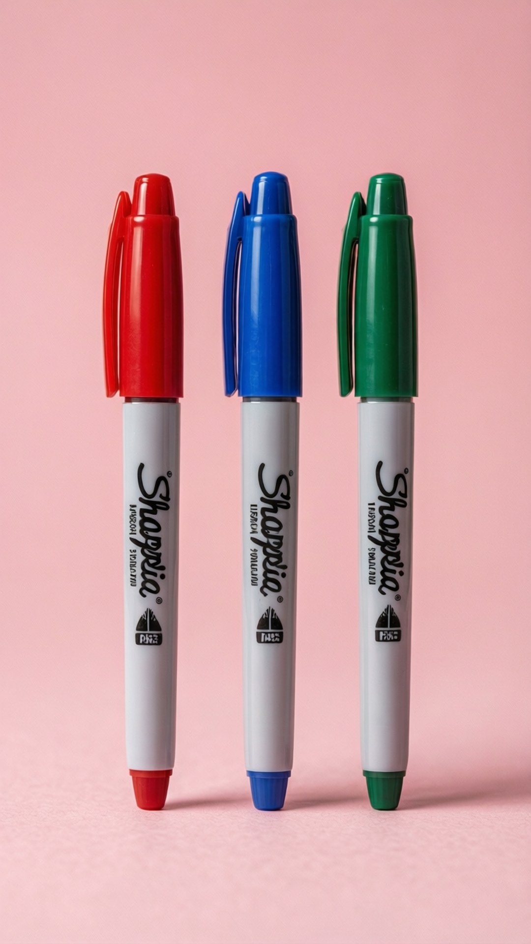 粉紅色背景上的三支Sharpie記號筆（紅色、藍色和綠色）