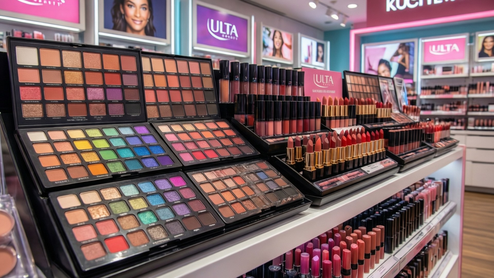 ULTA Beauty 商店展示，貨架上陳列著眼影盤和唇膏管。