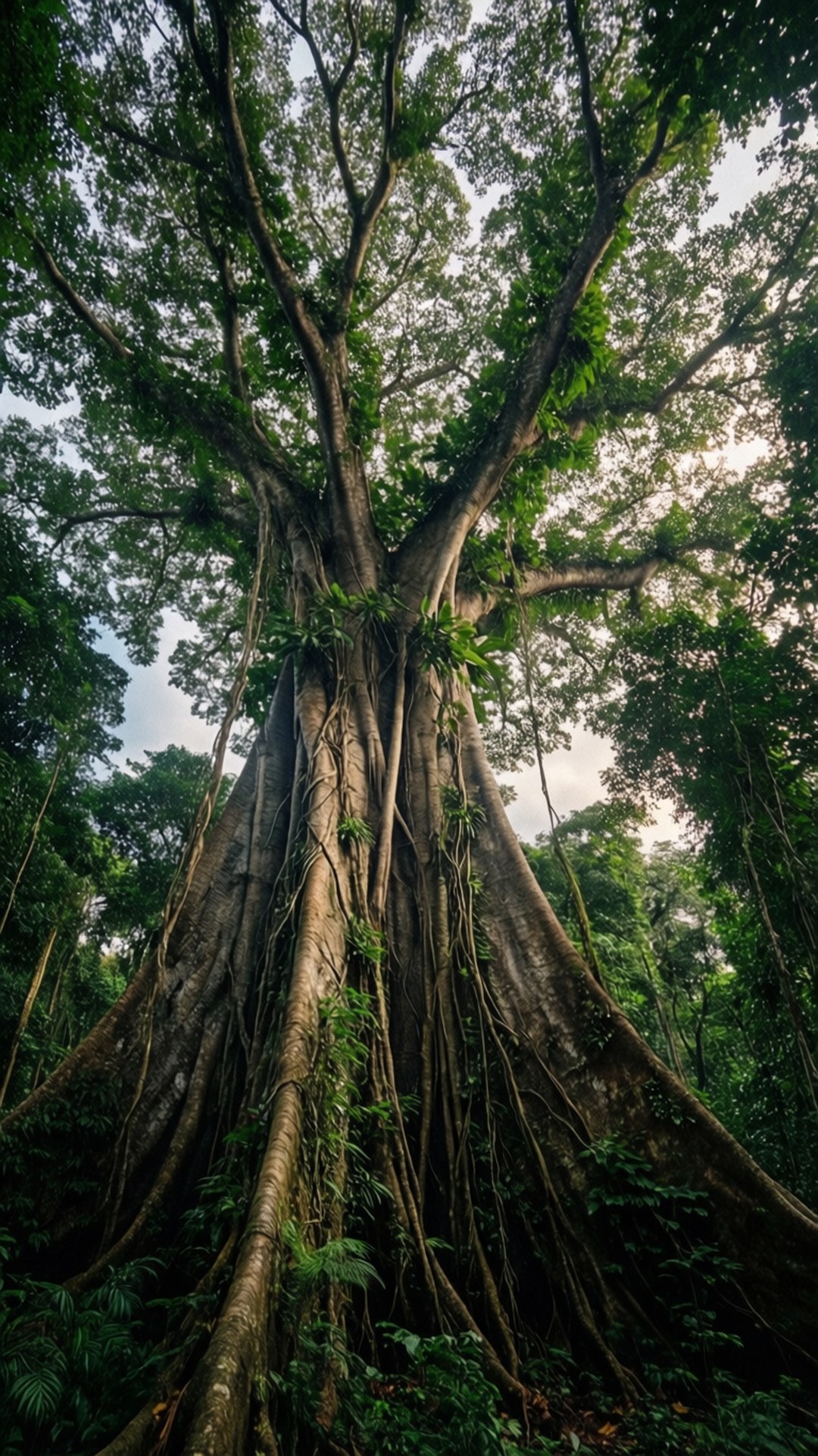 雨林 桌布 壁紙 — 一棵巨大的古樹，擁有蔓延的根系和茂密的樹冠，雄偉地聳立在茂密的熱帶雨林中。
