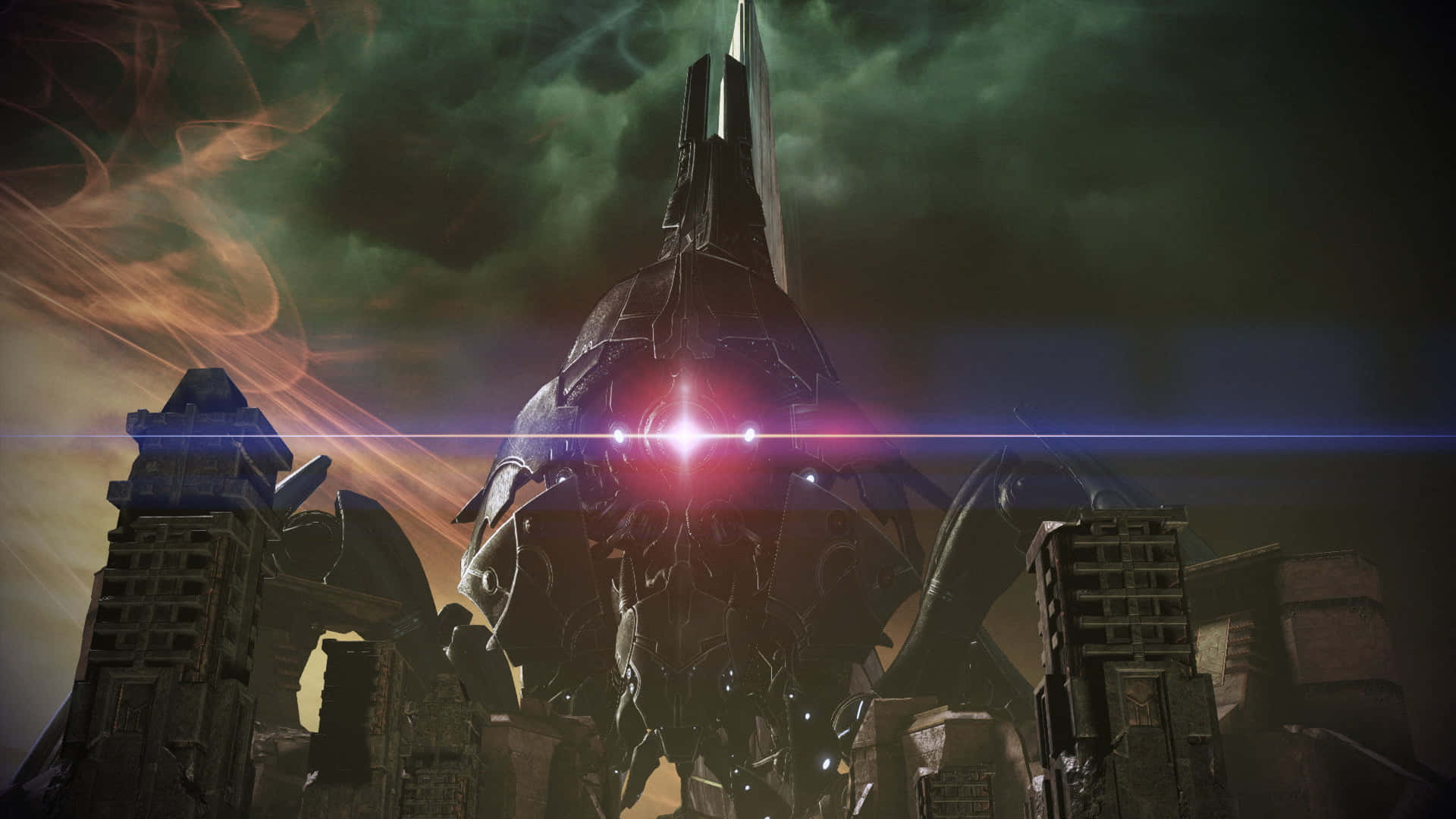 Mass Effect Legendary Edition 桌布 壁紙 — 一個巨大的黑暗機甲，閃爍著紅色眼睛，在暴風雨的天空下聳立於廢墟城市之上。