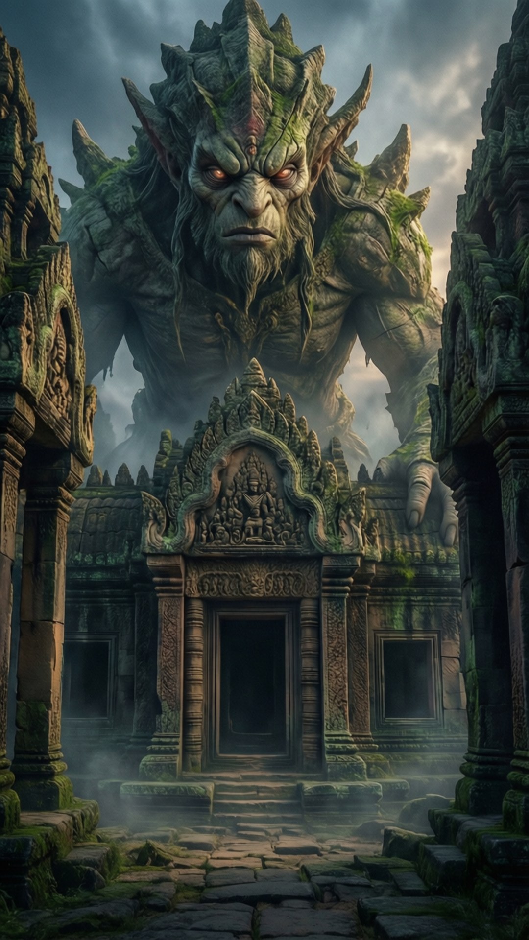 巨大的長滿青苔的惡魔守衛著迷霧廢墟中的古老寺廟入口。