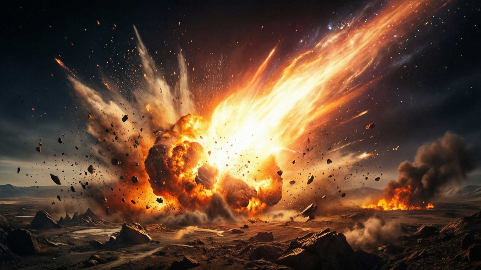 一場大規模的熾熱爆炸在岩石沙漠景觀中爆炸，將碎片飛入黑暗的天空。