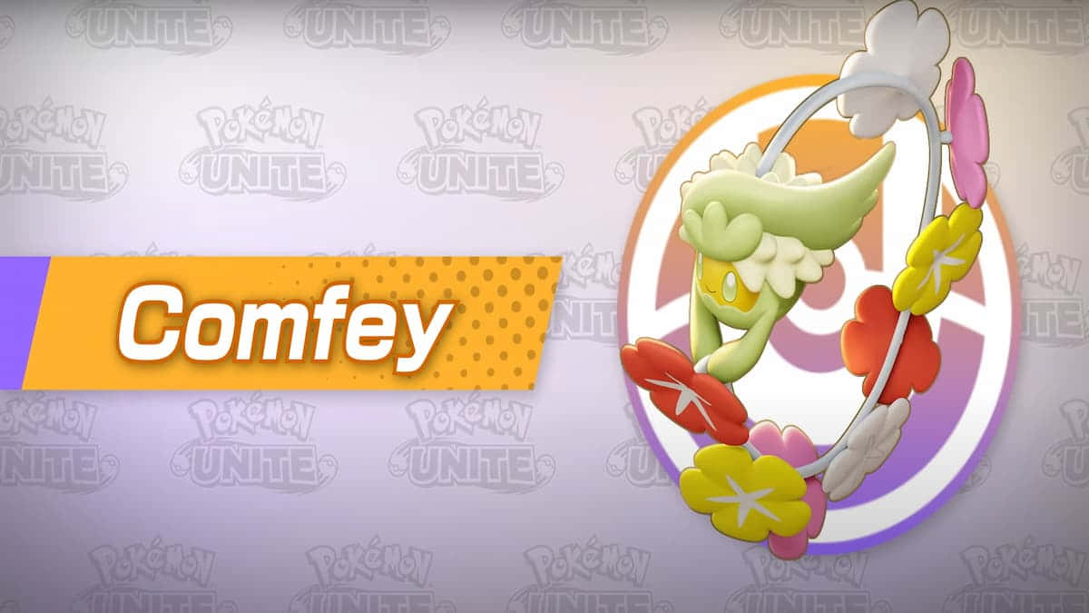 寶可夢大集結 Comfey 壁紙 — 一個開心的Comfey Pokémon角色，擁有綠色翅膀和色彩繽紛的花朵，在淺紫色背景上旋轉，背景重複出現「Pokémon UNITE」標誌。