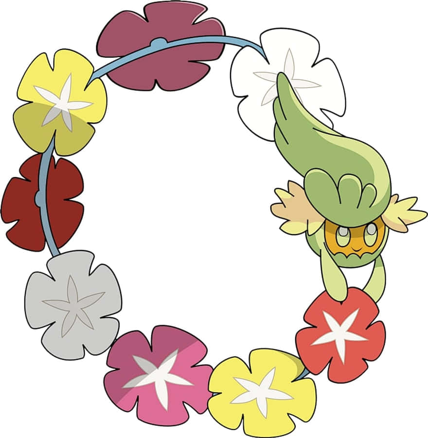 Comfey 與彩色花朵 壁紙 — 一個開心嘅卡通比卡超從一個色彩繽紛嘅星形花朵花環中探出頭來。
