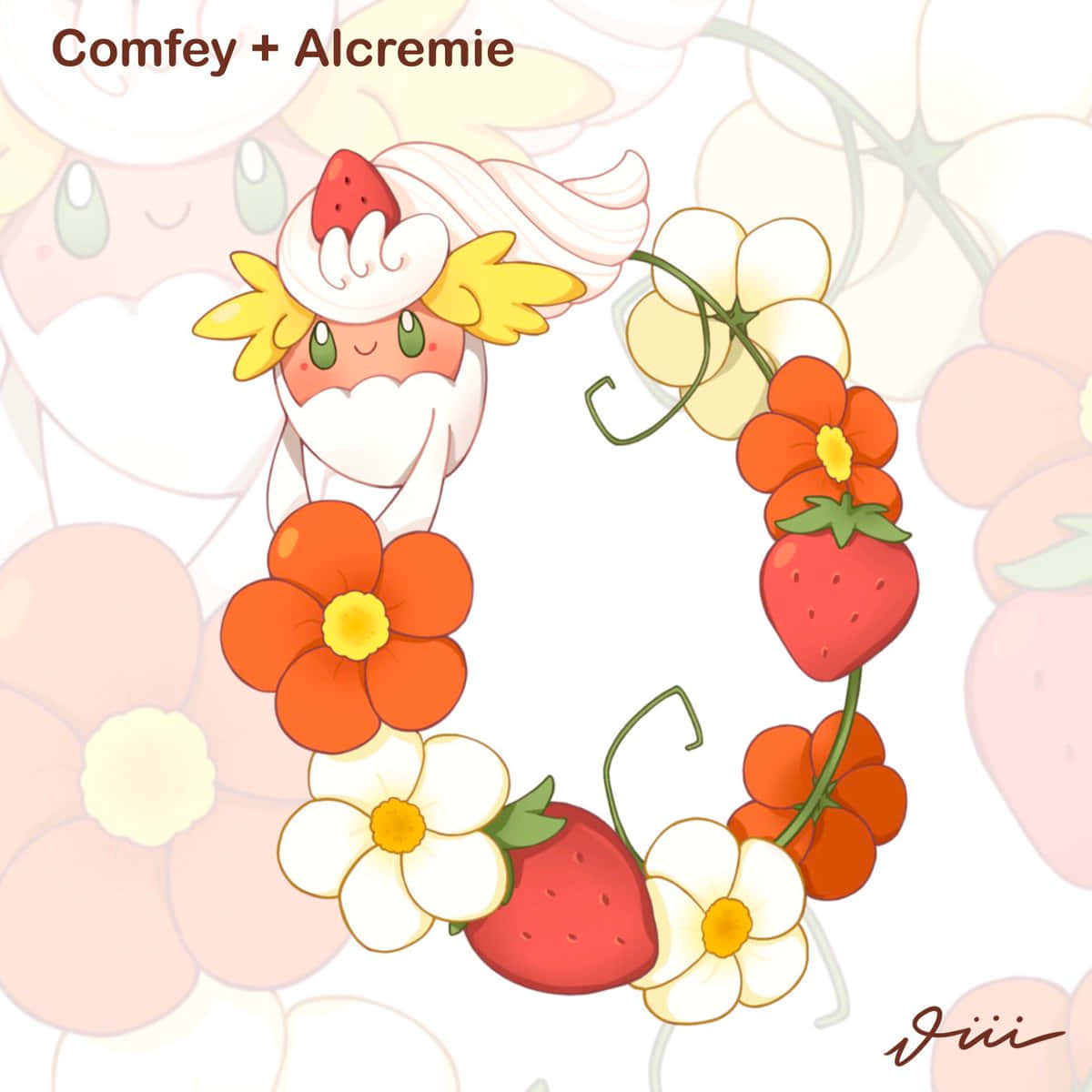 Comfey 與 Alcremie 壁紙 — 一個可愛的Comfey和Alcremie角色從草莓和橙白色花環後面探出頭來。