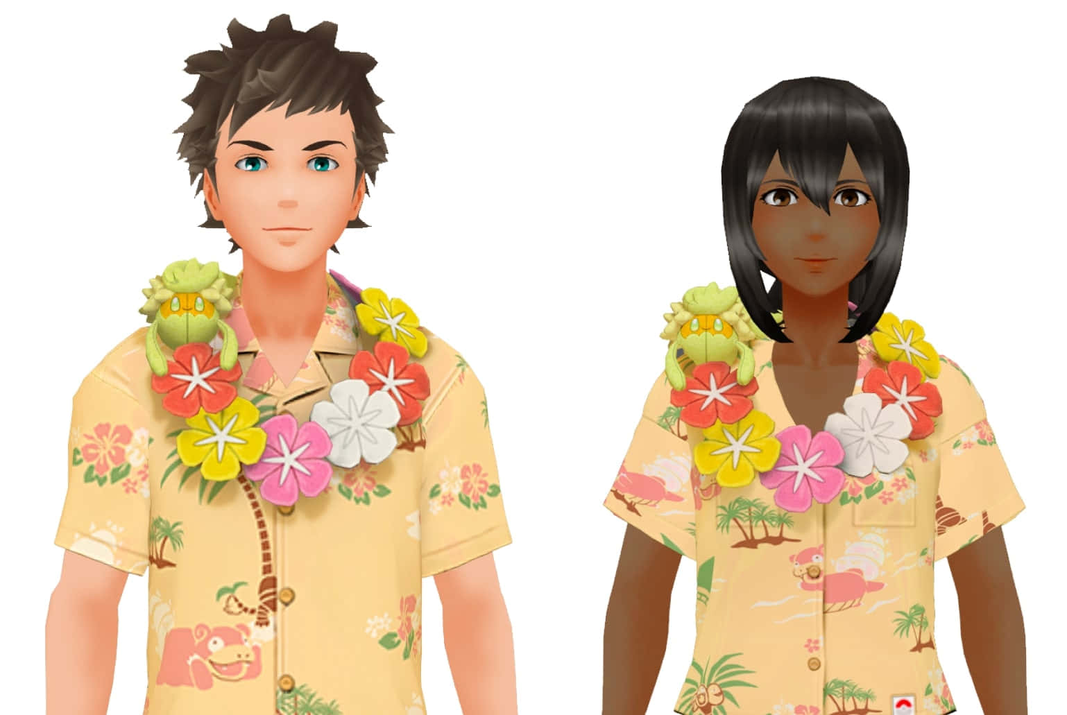 Comfey與Pokémon GO角色 壁紙 — 兩個動漫角色穿著熱帶襯衫和花環，背景為純白色。