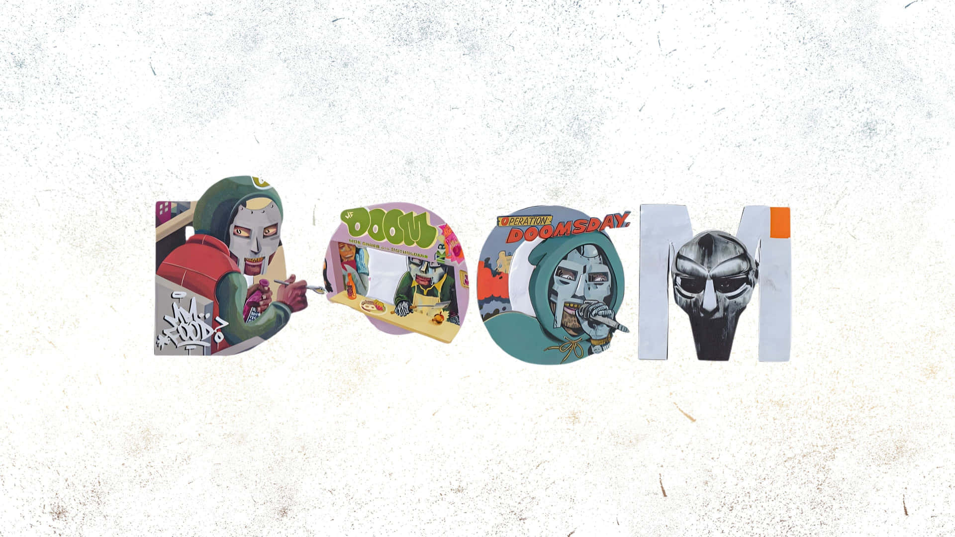  壁紙 — 漫畫書風格字母拼出 doom，配有插圖角色和鮮豔色彩，背景帶有紋理。