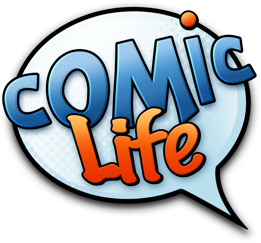 Comic Life標誌 壁紙 — 黑色背景上帶有半色調點的對話氣泡內，大膽的藍色和橙色「Comic Life」文字。