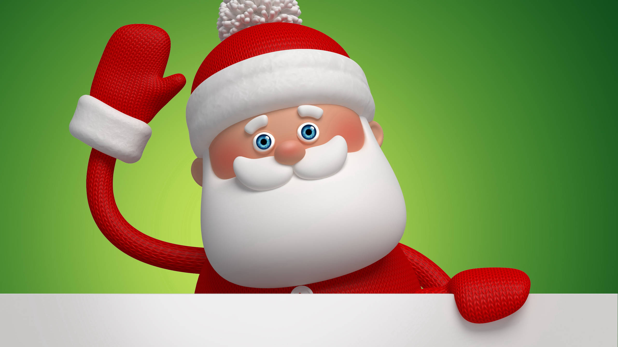 Comic Santa Claus Waving 壁紙 — 一個歡樂的3D渲染聖誕老人從白色壁架後面揮手，背景是充滿活力的綠色漸變。
