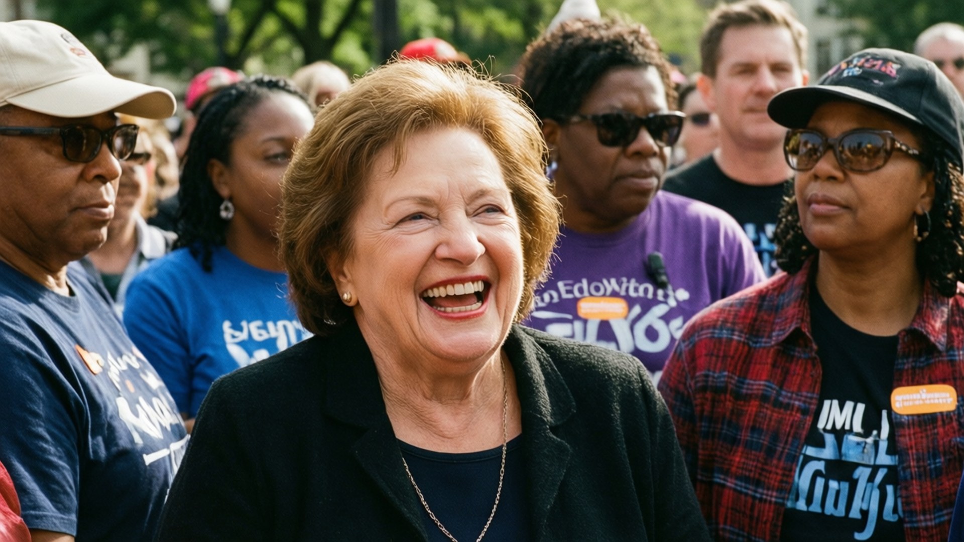 A smiling woman at a political rally with supporters in the background. 壁紙