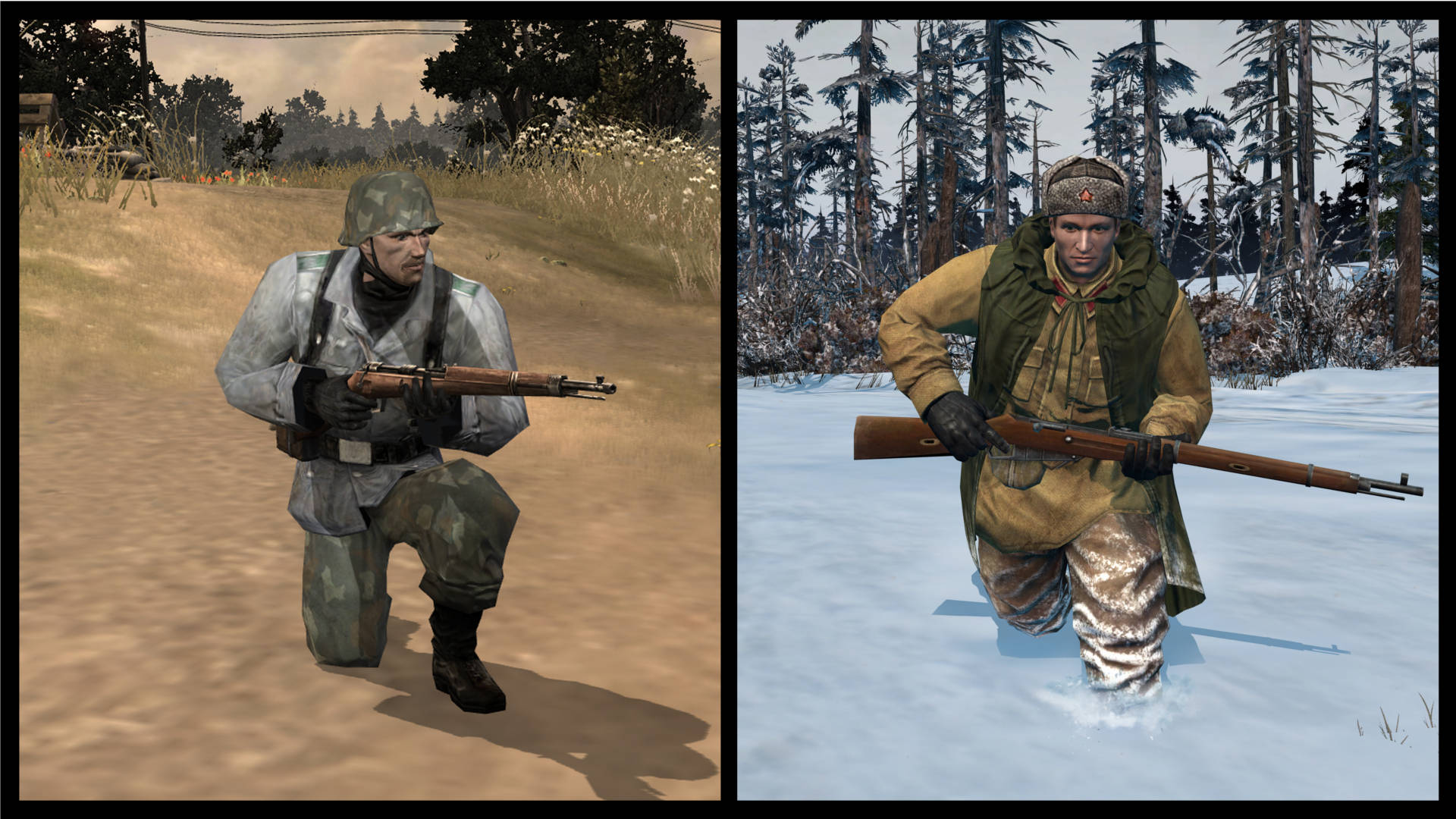 Company of Heroes 2 兩名士兵 壁紙 — 兩名士兵在對比環境中，一名在乾燥草原，另一名在雪地森林，兩人均持步槍處於戰鬥姿態。