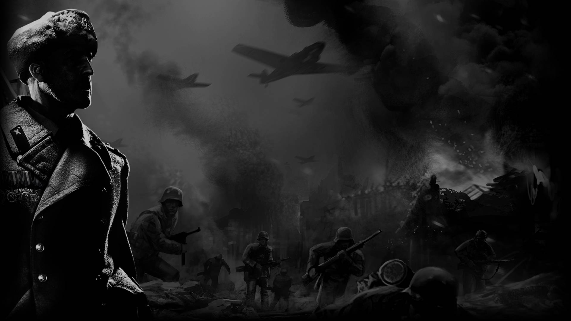 Company of Heroes 2 黑暗戰士 壁紙 — 一個陰沉的黑白戰場場景，士兵在煙霧中前進，飛機在頭頂飛過。