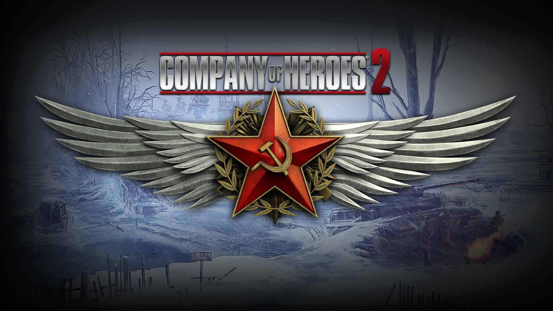 Company of Heroes 2 燃燒營地 壁紙 — 一顆帶有鐮刀錘子標誌的紅星，兩側有銀色翅膀，位於雪地戰場場景之上。