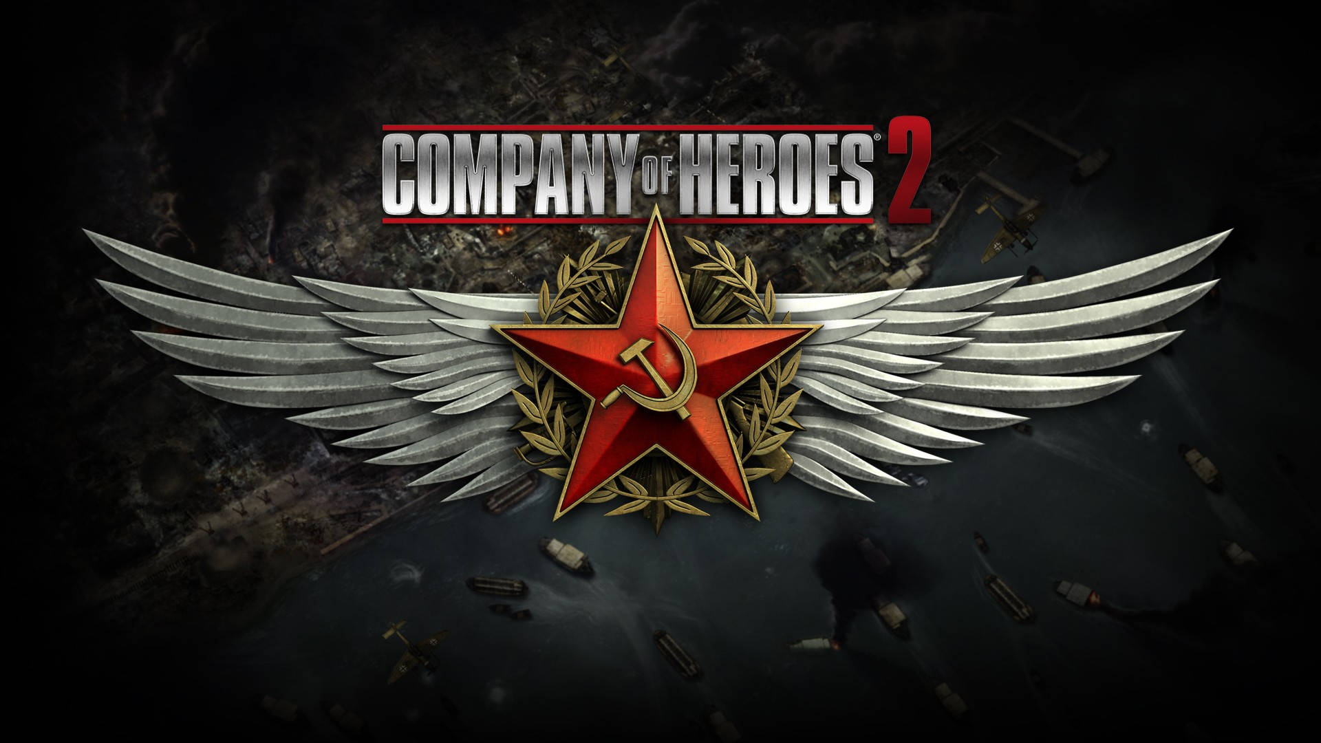Company of Heroes 2 空海陸三軍戰鬥 壁紙 — 一個黑暗戰爭主題的標誌，以紅色星星配鎚子與鐮刀翅膀和散落的軍事裝備為特色。