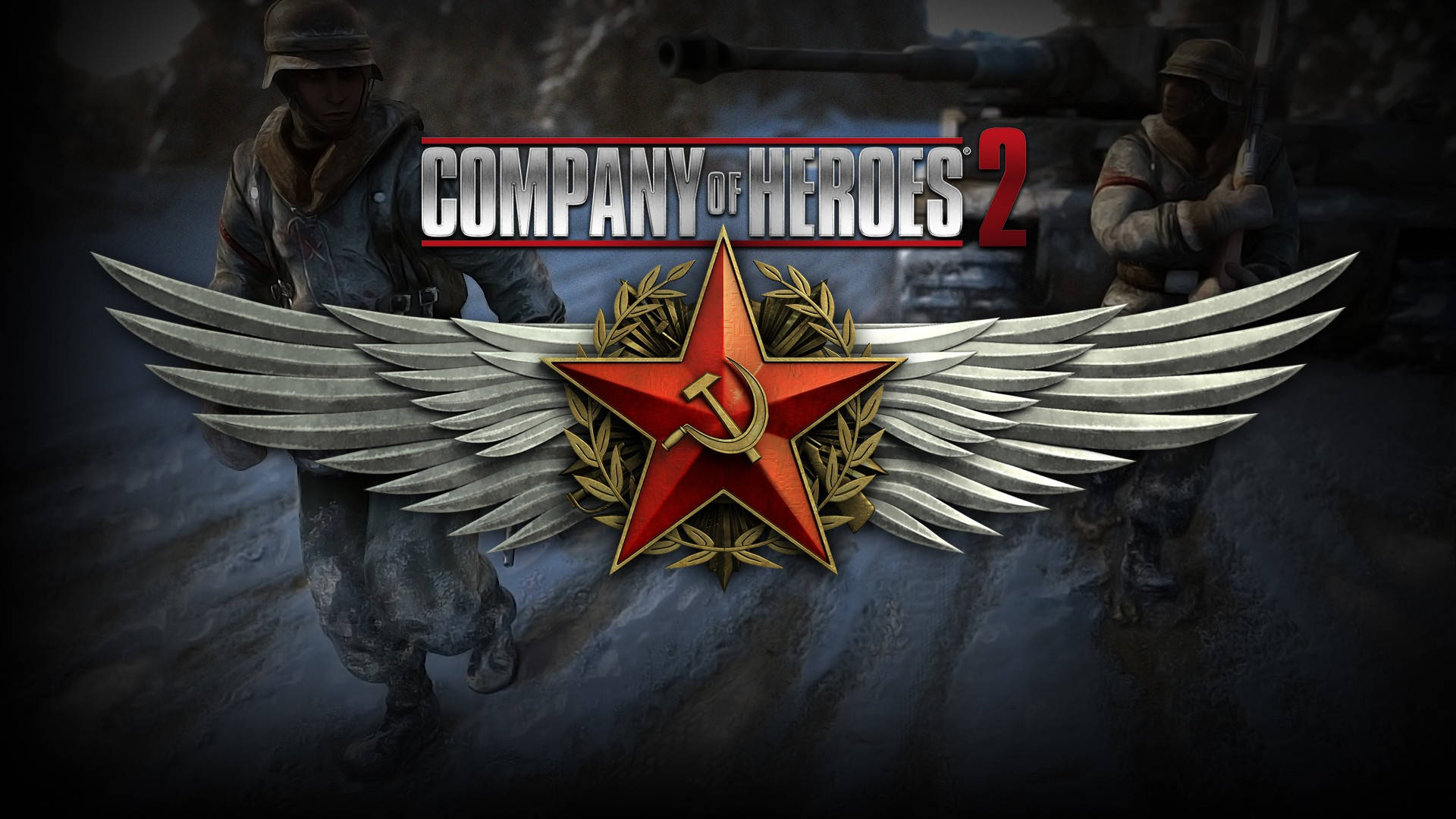 Company of Heroes 2 雪地行軍 壁紙 — 一個帶有翅膀和月桂花環的蘇聯星形徽章，主宰著一個有士兵和坦克在背景中的黑暗戰場場景。