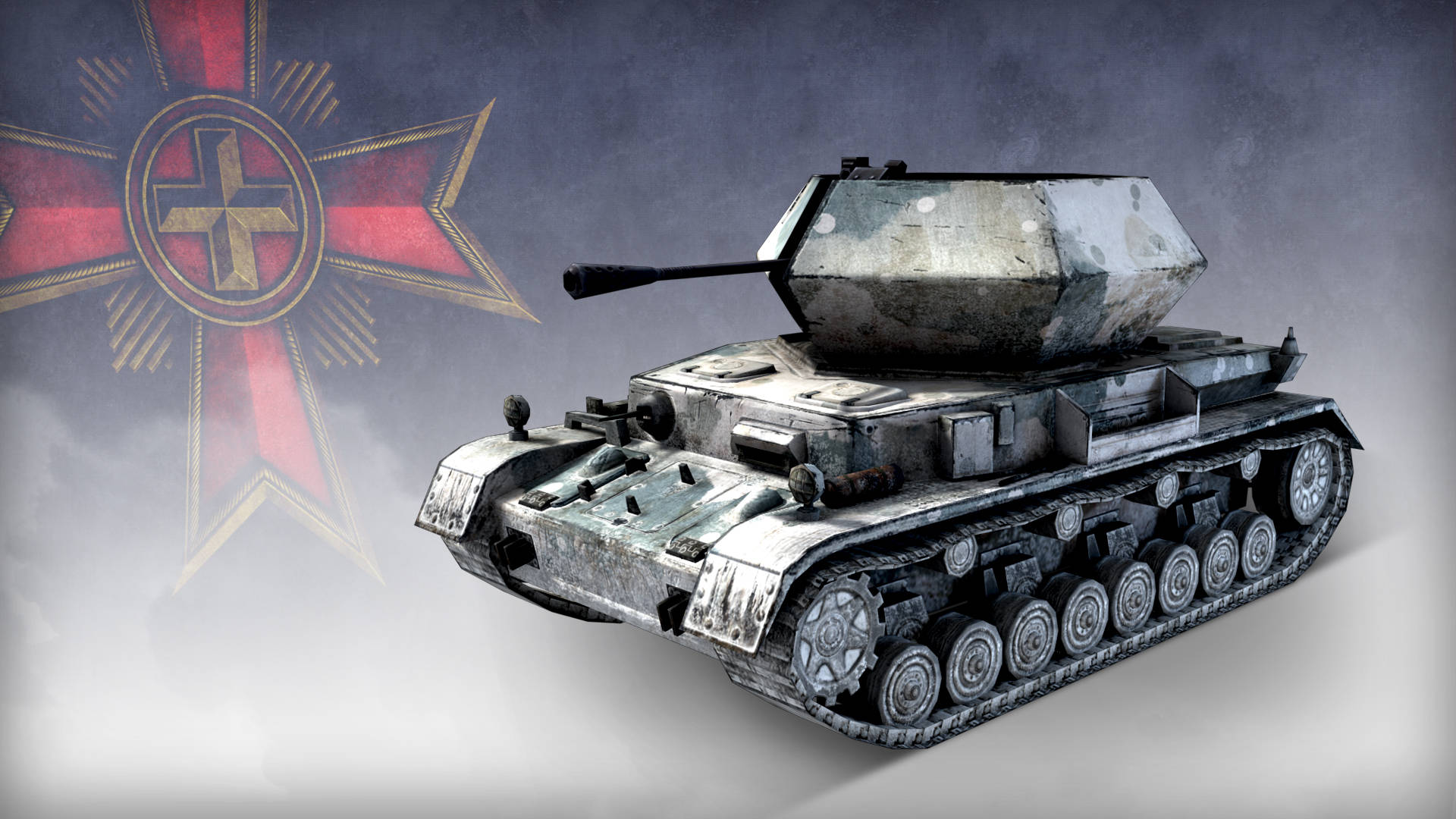 Company of Heroes 2 Panzer IV 坦克 壁紙 — 一輛風化的灰色坦克，在迷霧背景中帶有紅色和金色的十字徽章。