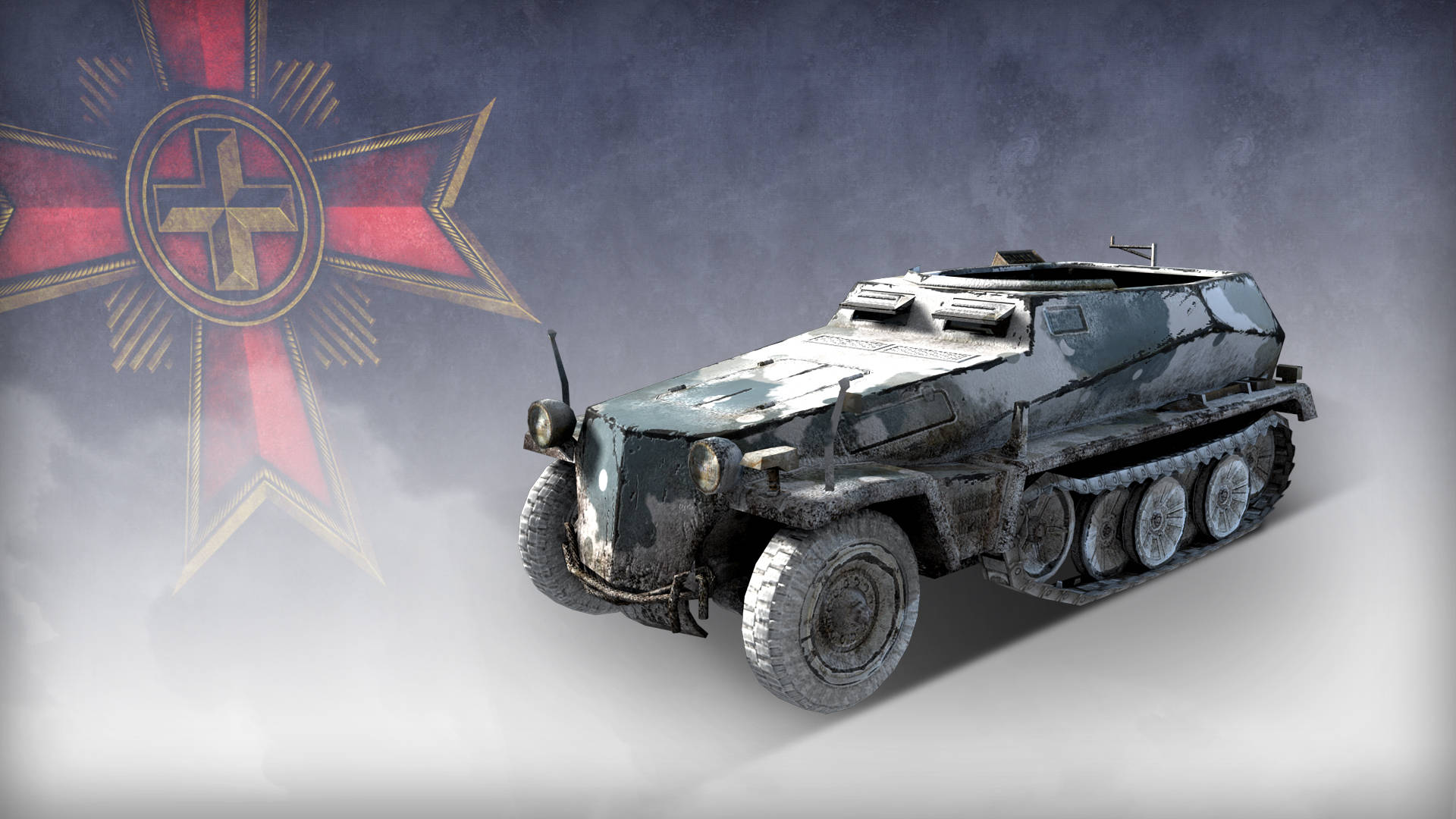 Company of Heroes 2 半履帶車 壁紙 — 一架風化的軍用半履帶車，帶有迷彩塗裝，站在褪色的紅金十字標誌前，背景是霧濛濛的灰色。
