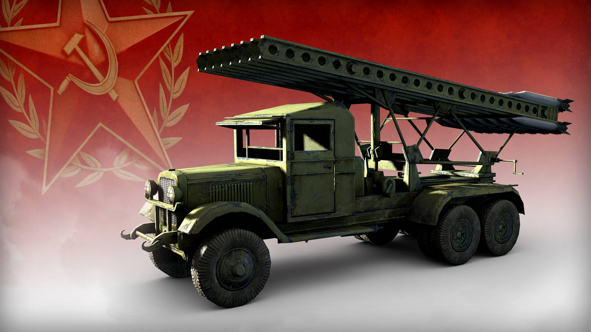 Company of Heroes 2 BM-13 Katyusha 火箭炮 壁紙 — 一輛復古橄欖綠軍用卡車在紅色蘇聯星背景下運載大型火箭發射器。