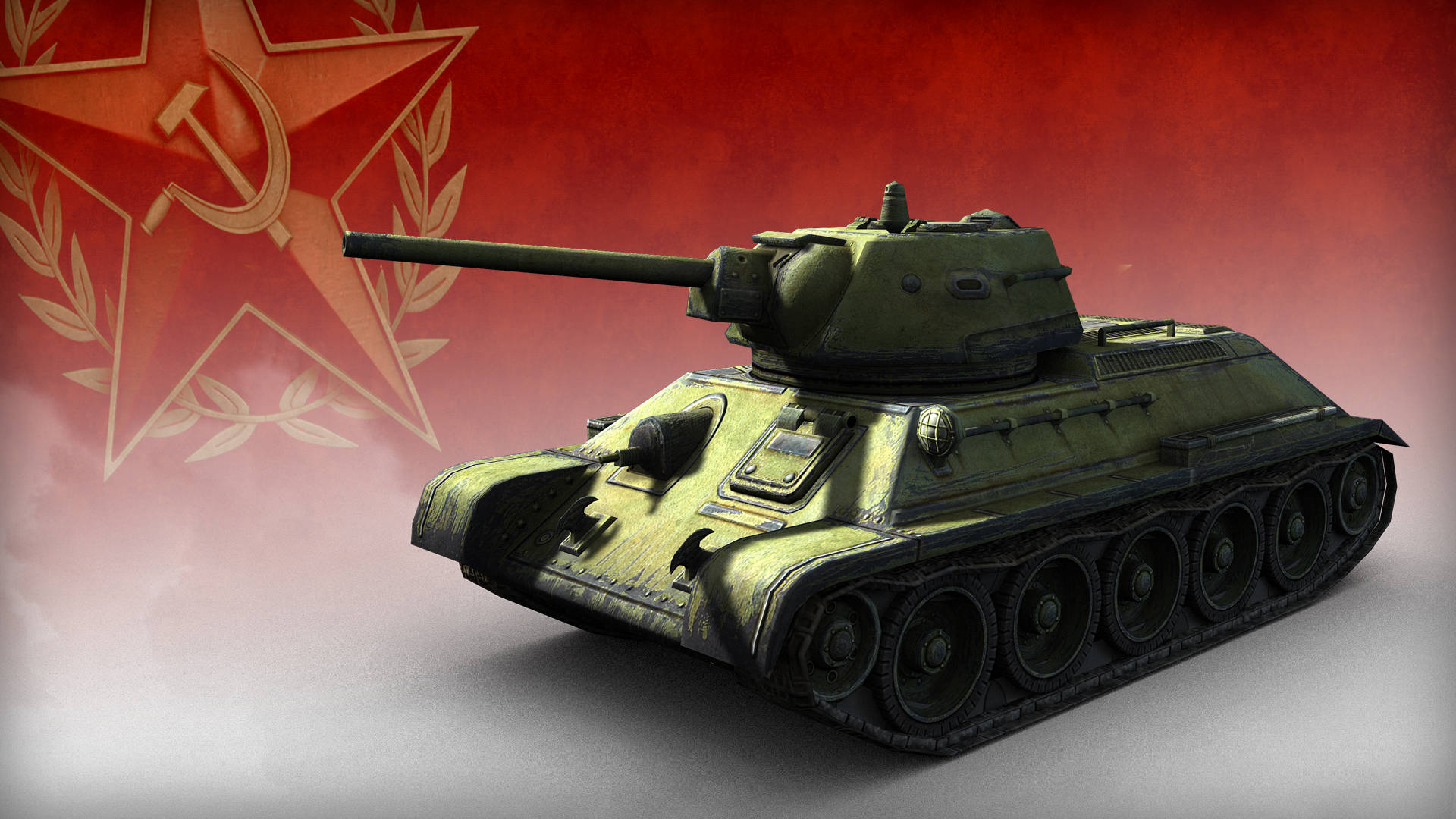 Company of Heroes 2 T-70 坦克 壁紙 — 一架飽經風霜的綠色蘇聯坦克在帶有金色鎚子鐮刀星形標誌的紅色背景上顯得格外突出。