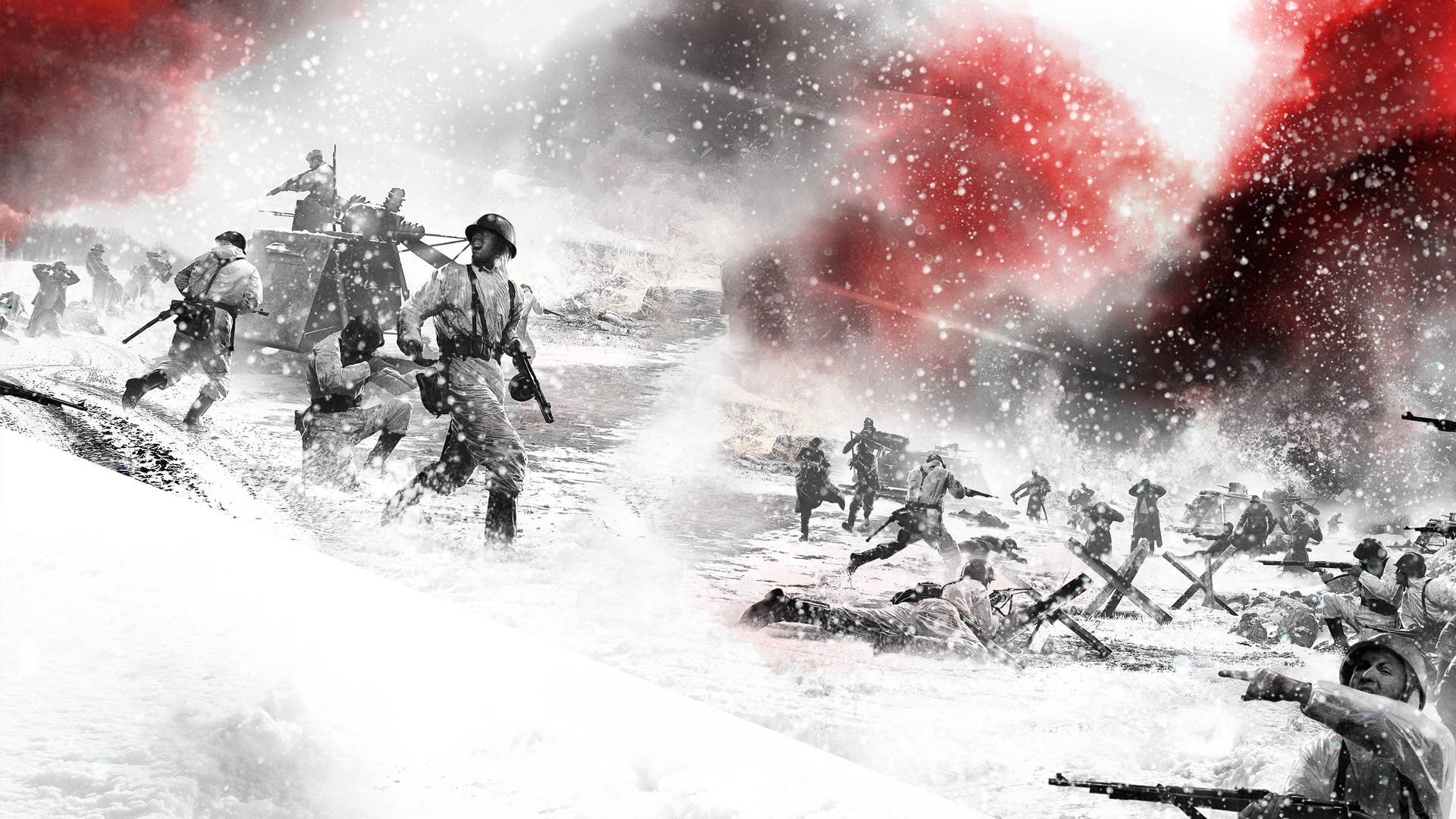 Company of Heroes 2 雪地激烈戰鬥 壁紙 — 士兵們在白雪覆蓋的戰場上前進，紅色煙霧翻騰，大雪在他們周圍猛烈飄落。