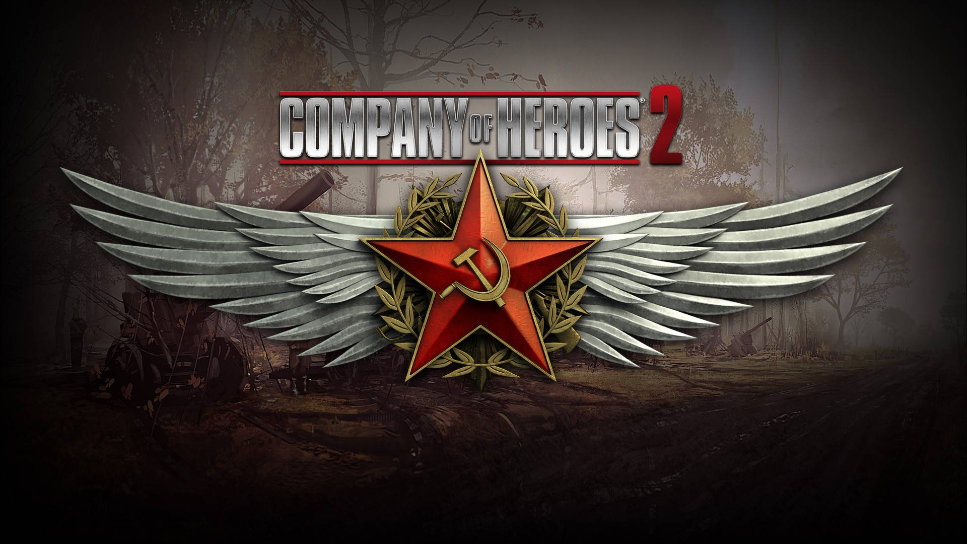 Company of Heroes 2 森林火箭發射器 壁紙 — 一顆帶有鐮刀錘子標誌的紅星，兩側有銀色翅膀，背景是迷霧戰場。