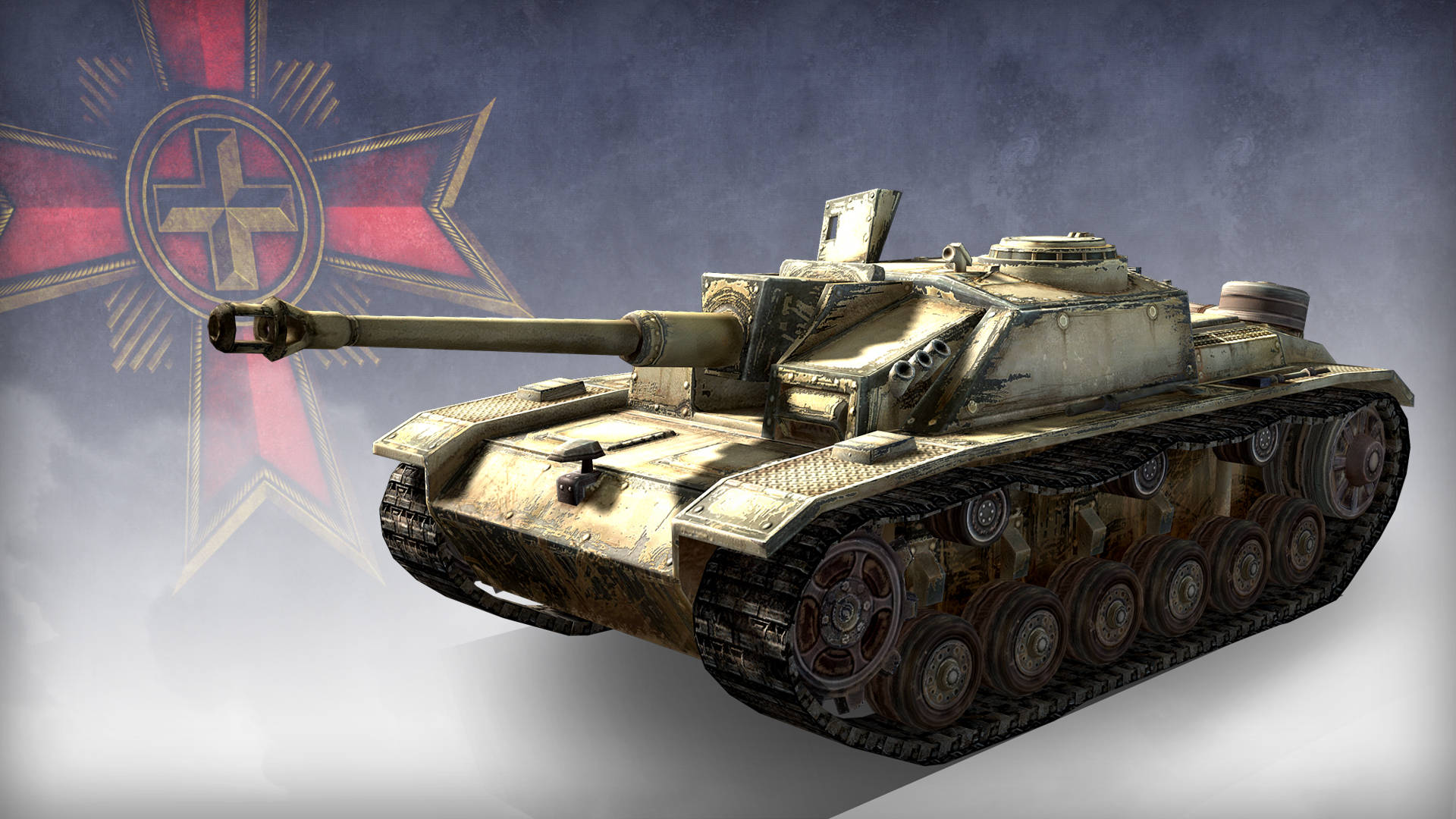Company of Heroes 2 Wehrmacht Ostheer 重型坦克 壁紙 — 一輛帶有紅色鐵十字徽章的風化德國虎式I型坦克，在煙霧繚繞的灰色背景中若隱若現。