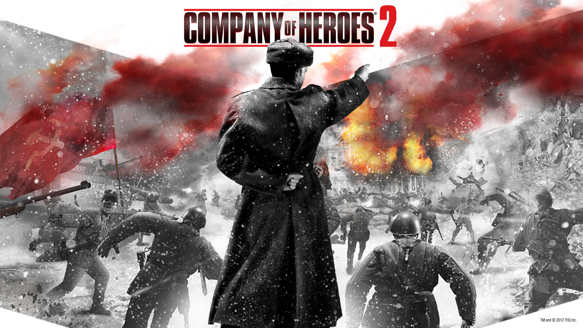Company of Heroes 2 指揮部隊 壁紙 — 一名穿著冬季外套的士兵向前指，部隊在爆炸和紅旗的雪地戰場上前進。