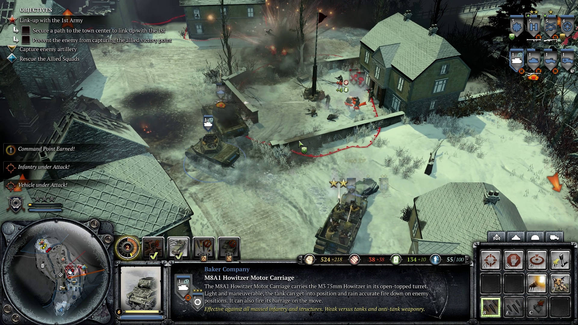 Company of Heroes 2 Baker部隊戰術 壁紙 — 白雪覆蓋的村莊戰場，坦克和步兵在戰術戰爭遊戲界面中遭受火力攻擊。