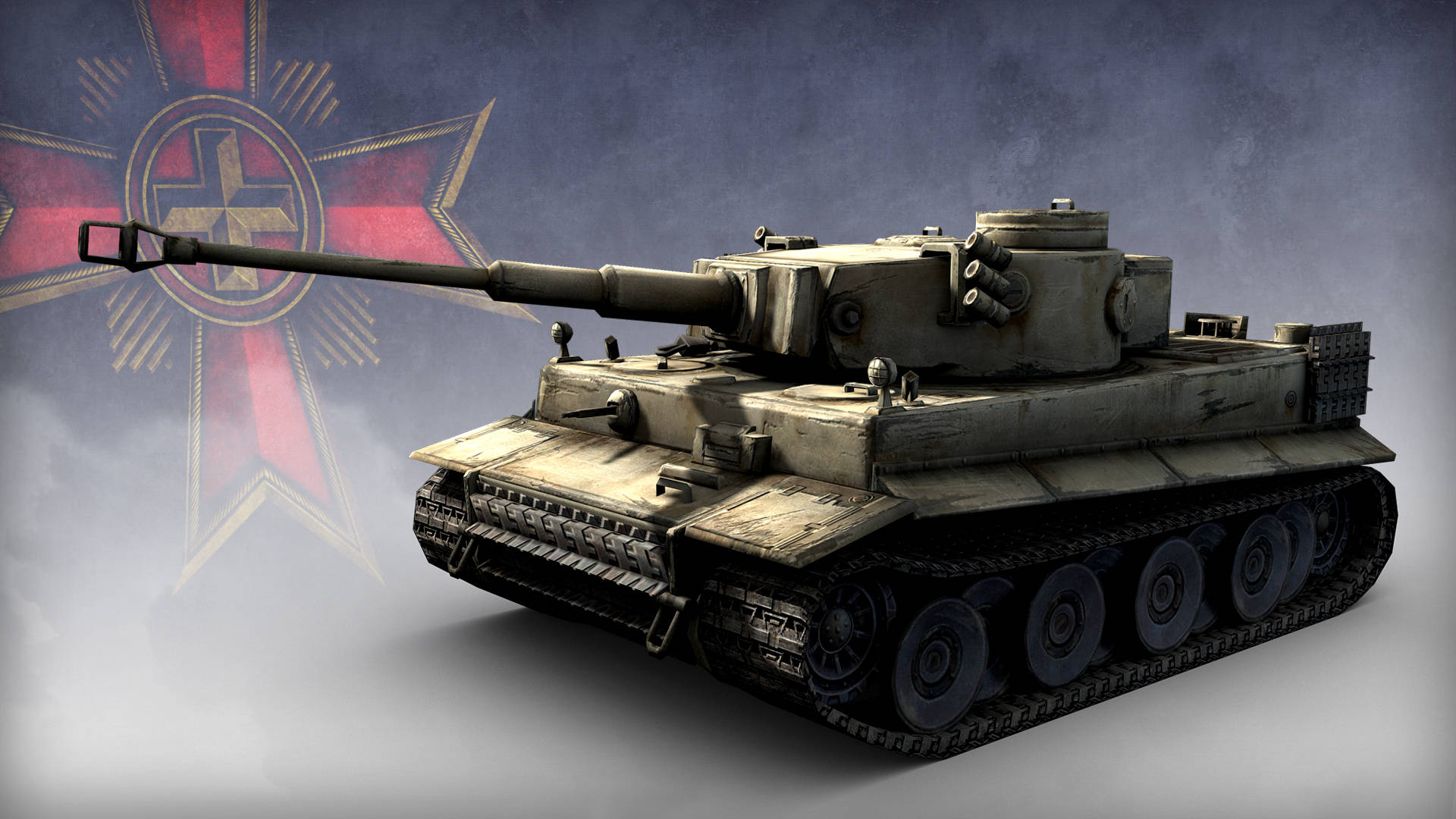 Company of Heroes 2 Tiger VI 坦克 壁紙 — 一輛風化的德國虎式坦克，帶有長砲管和履帶，以褪色的紅金色鐵十字徽章為背景，立於霧濛濛的灰色背景前。