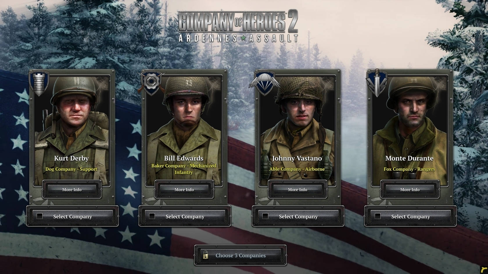 Company of Heroes 2 部隊指揮官 壁紙 — 四名身穿冬季裝備的二戰美國士兵站在雪地森林背景前，背景有美國國旗。