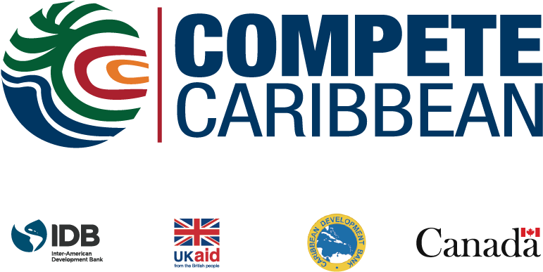 Compete Caribbean 合作夥伴標誌 壁紙 — Compete Caribbean 標誌，包含彩色漩渦徽章以及合作夥伴標誌，包括IDB UKaid Canada和Caribbean Development Bank，背景為黑色。