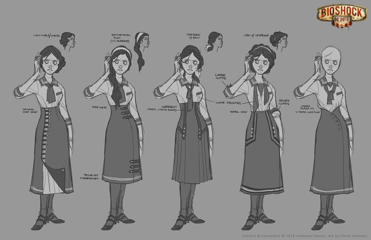 Bioshock Characters 桌布 壁紙 — BioShock Infinite 女性角色各種制服變化的概念藝術草圖。