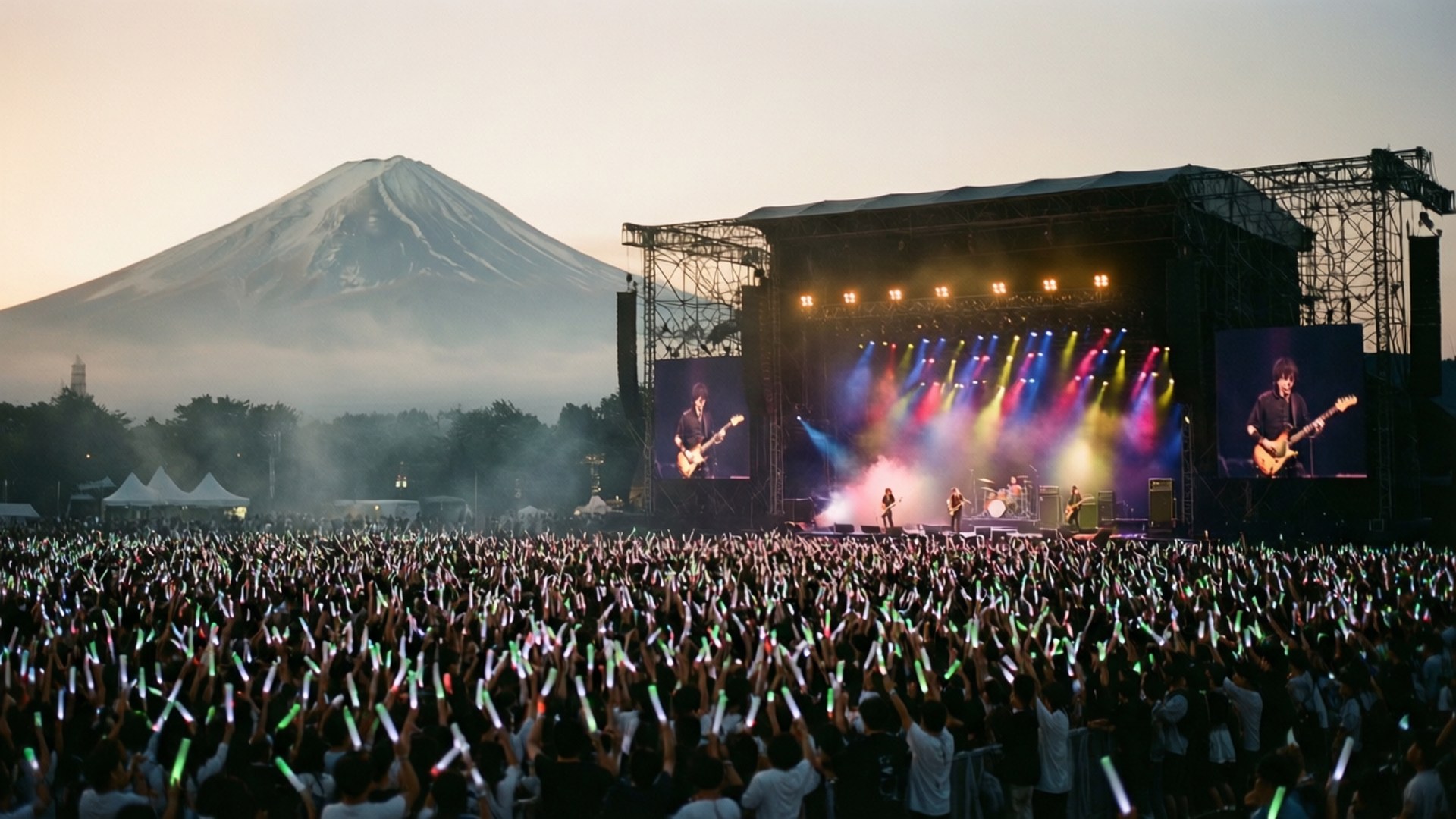 Fuji Rock Festival 桌布 壁紙 — 在霧氣瀰漫的黎明中，富士山聳立，大批演唱會觀眾在充滿活力的燈光下揮舞著發光棒。