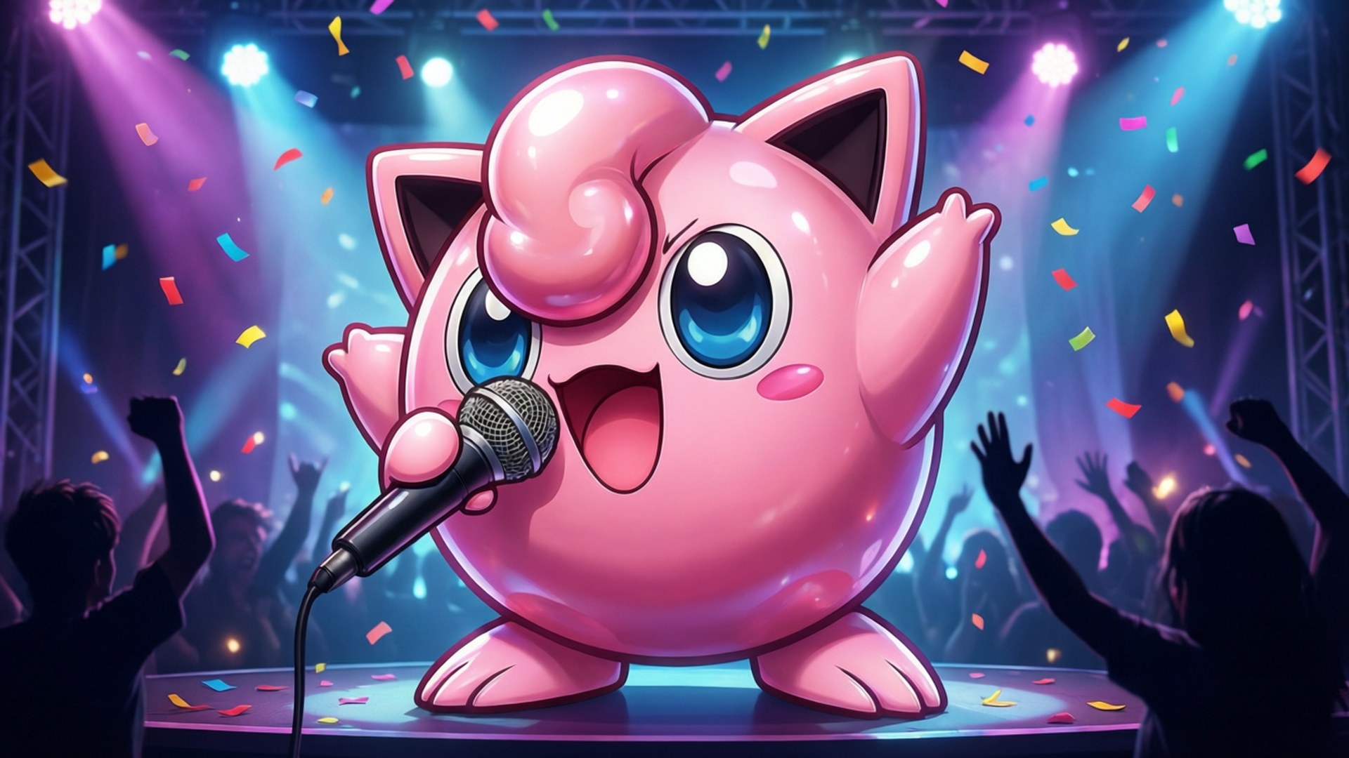 粉紅色Jigglypuff在舞台上表演，有彩紙和歡呼的人群剪影