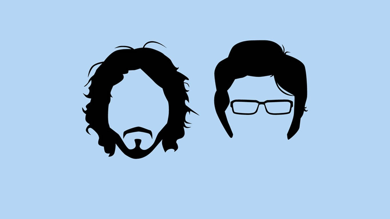 《Conchords》雙人組向量藝術圖 壁紙 — 兩個黑色剪影男性頭部，帶有不同髮型和眼鏡，背景為淺藍色。